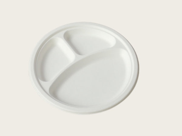10" 3-compartment Sugarcane Round Plate / 500PCS